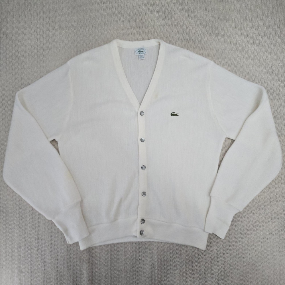 Vintage Izod Lacoste Sweater Mens Medium White Cardigan V Neck Knit Logo USA 80s